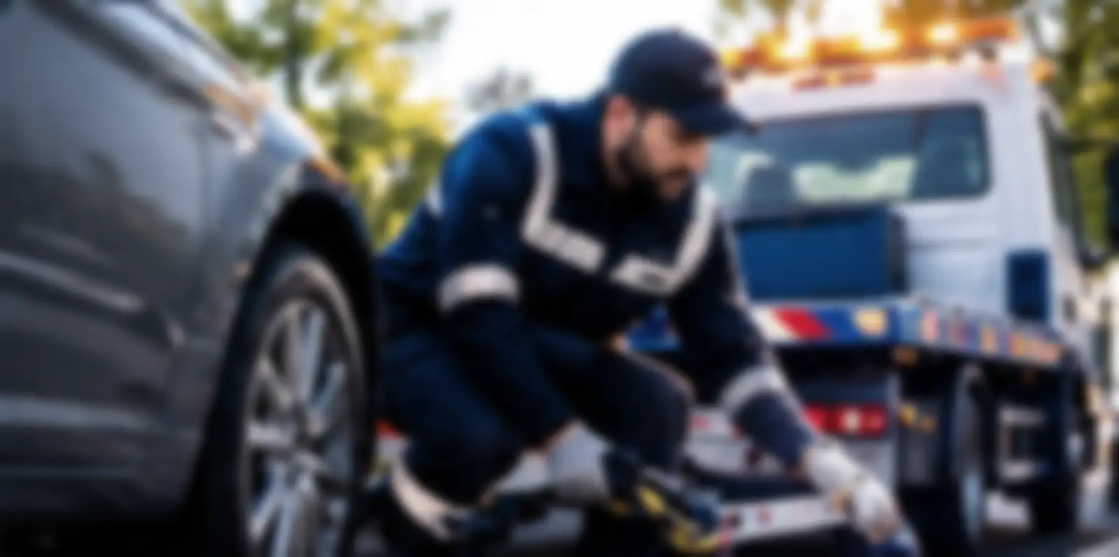 Dépanneur qui sangle la roue d'une voiture avant le remorquage