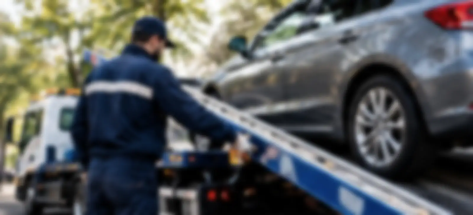 Dépanneur qui charge une voiture sur la rampe d'un plateau