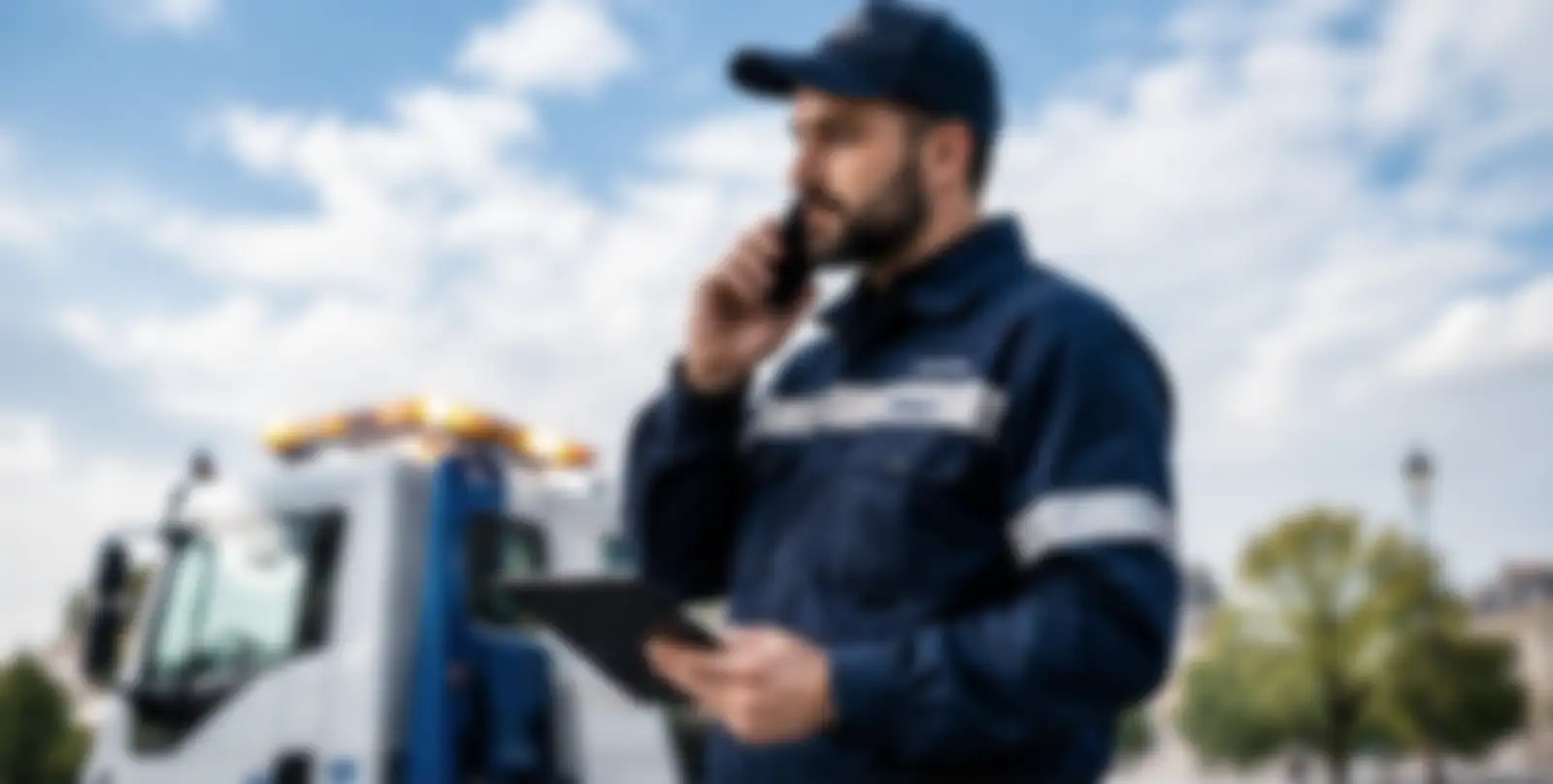 Dépanneur au téléphone, tablette en main, devant sa dépanneuse
