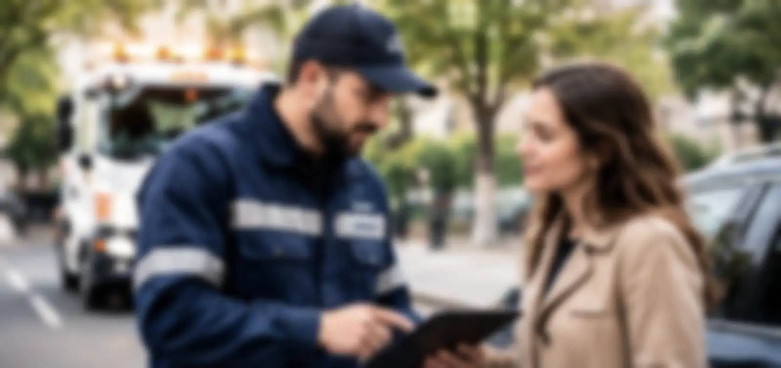 Dépanneur qui montre le prix sur une tablette à une cliente