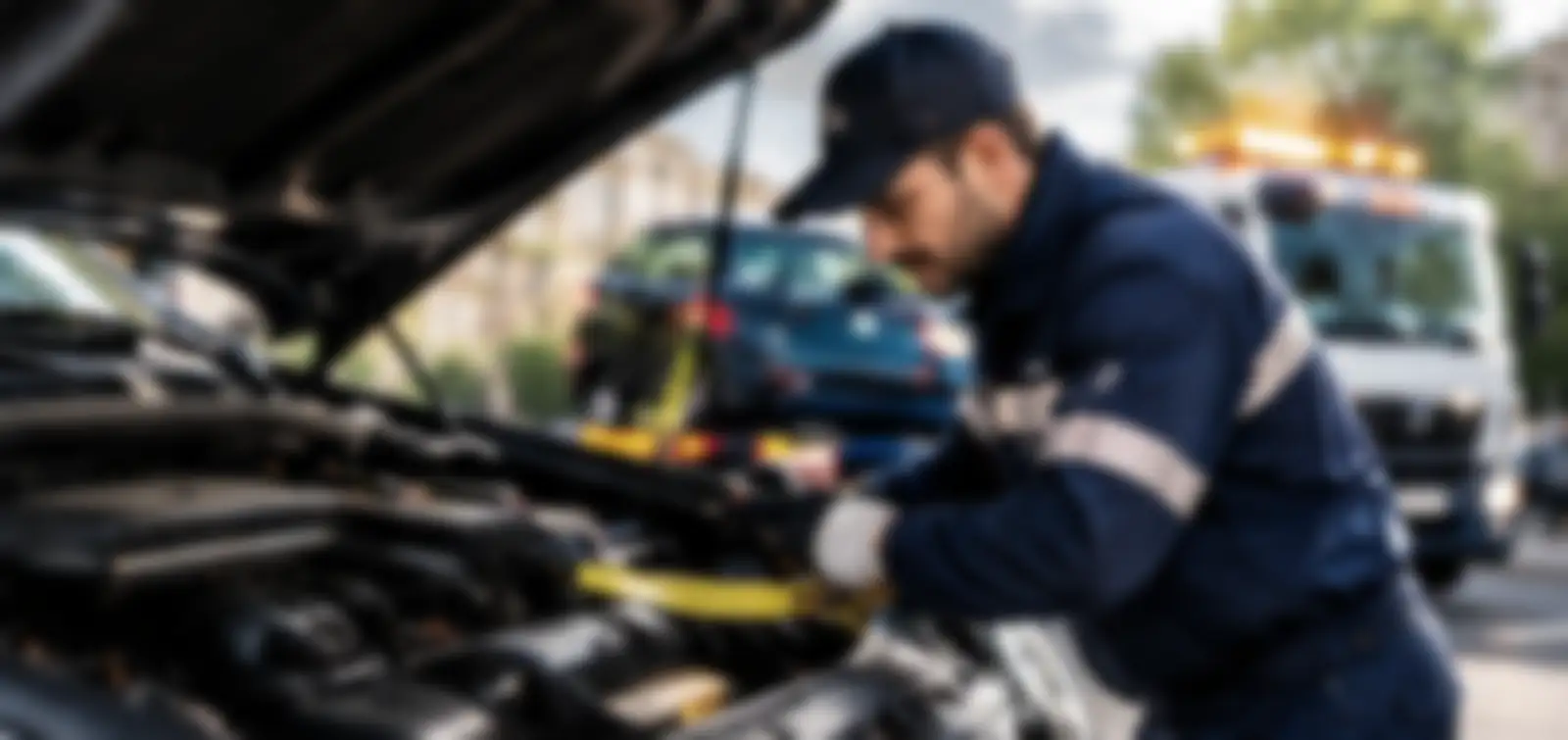 Dépanneur penché sous le capot d'une voiture en panne