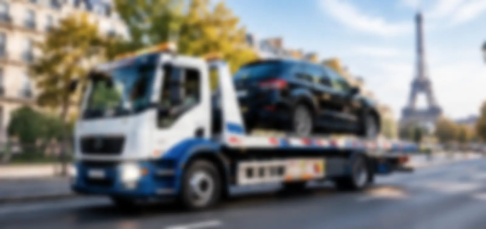 Dépanneuse plateau transportant un SUV dans une avenue de Paris