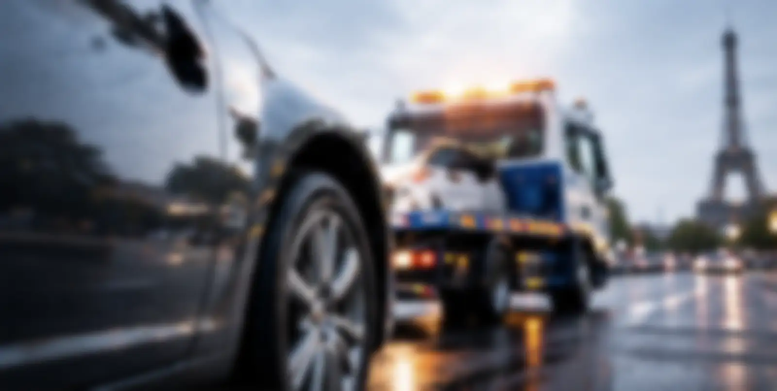 Voiture arrêtée sur une chaussée mouillée, dépanneuse en approche
